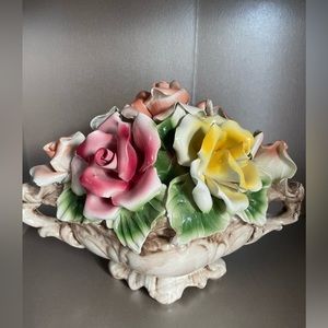 Exquisite Vintage Capodimonte‎ Porcelain Floral Round Basket Centerpiec Italy